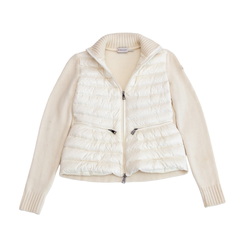 Moncler Ivory Down Knit Quilted Cardigan Jacket Size XS Cream Zip Puffer Sweater